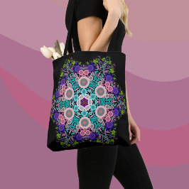 Bolsa Tote Dot Mandala Flor Azul Verde e Rosa