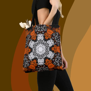 Bolsa Tote Dot Mandala Flor Branco Laranja e Preto