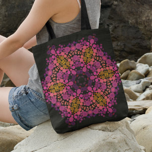 Bolsa Tote Dot Mandala Flor Rosa Amarelo e Preto