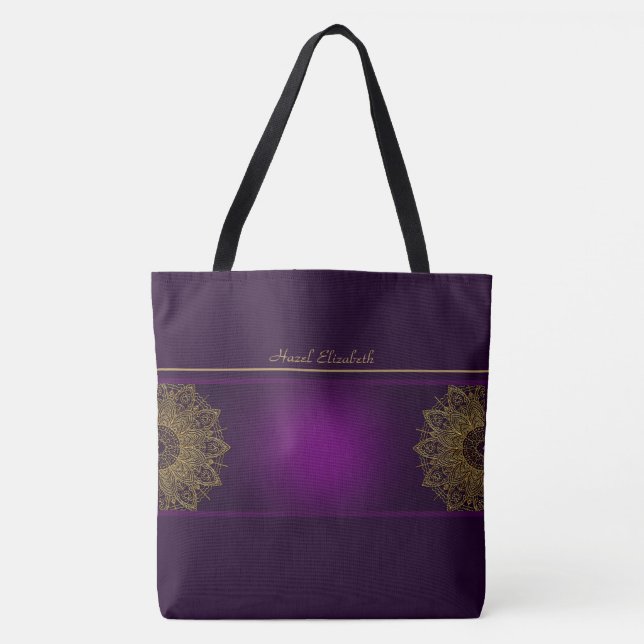Bolsa Tote Dourada Bag Monograma Roxo de Mandala (Frente)