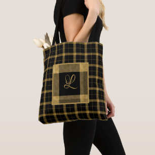 Bolsa Tote Dourada e Xadrez preta personalizada
