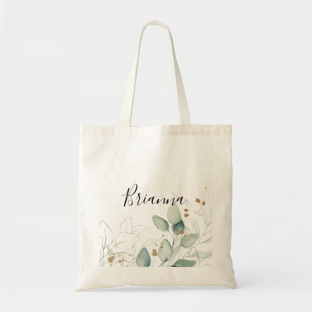 Bolsa Tote Dourada Eucalyptus Calliografia Bridesmaid (Frente)