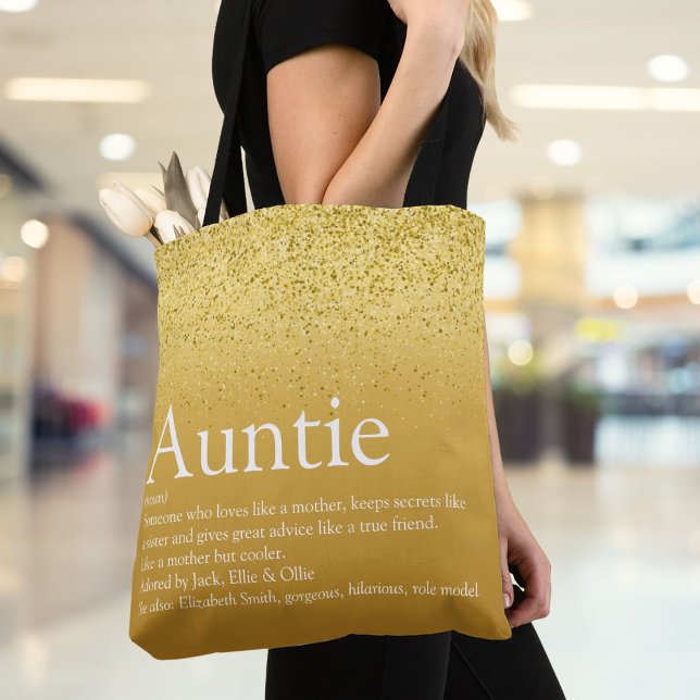 Bolsa Tote Dourada Glitter Diversão de Glitter Legal Tia Defi (Gold Glitter Glam Fun Cool Aunt Auntie Definition Tote Bag)