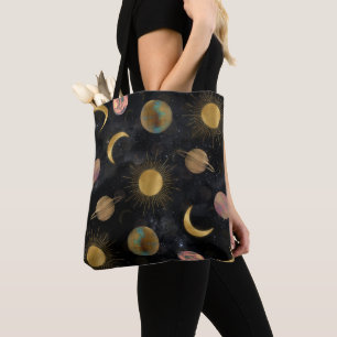 Bolsa Tote Dourada ilustração espacial de planetas da Lua Sol