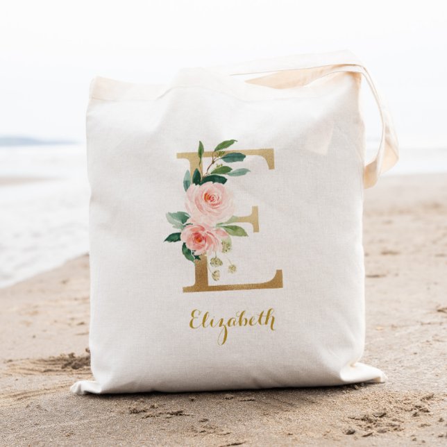 Bolsa Tote Dourada Letra E e Blush Floral Personalizadas (Criador carregado)