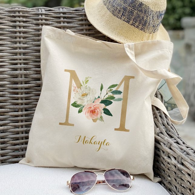 Bolsa Tote Dourada - Letra M e Blush Floral Personalizadas (Criador carregado)