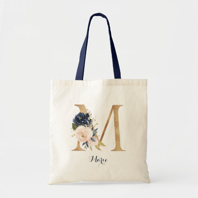 Bolsa Tote Dourada - Letra M e Blush Floral Personalizadas (Frente)