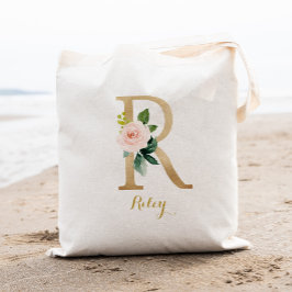 Bolsa Tote Dourada Letra R e Blush Floral Personalizadas