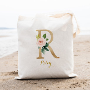 Bolsa Tote Dourada Letra R e Blush Floral Personalizadas