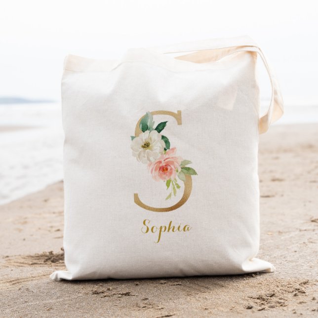 Bolsa Tote Dourada - Letra S e Blush Floral Personalizadas (Criador carregado)