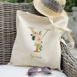 Bolsa Tote Dourada Letra Y e Blush Floral Personalizadas