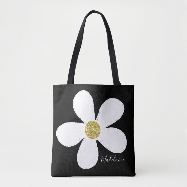 Bolsa Tote Dourada margarida branca negra (Frente)