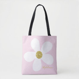 Bolsa Tote Dourada Margarida Simples Branca Rosa