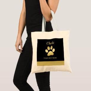 Bolsa Tote Dourada pata de cão brilhante sobre fundo negro