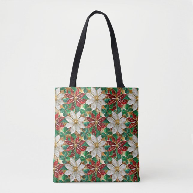 Bolsa Tote Dourada Poinsettia Vermelha Branca (Frente)