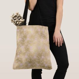 Bolsa Tote Dourada renda Floral Rosa