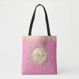Bolsa Tote Dourada Turtle Glitter Personalizada a Rosa