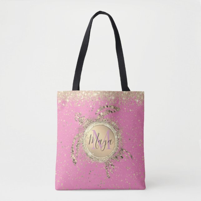 Bolsa Tote Dourada Turtle Glitter Personalizada a Rosa (Frente)