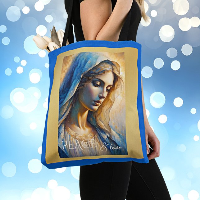 Bolsa Tote Dourada Virgem Cristã Azul Maria (Christian tote bag featuring a portrait of the Virgin Mary on sparkling gold with royal blue)