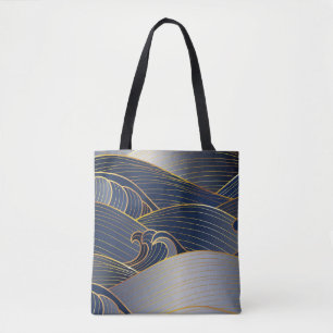 Bolsa Tote Dourada Wave Lines, Abstrato Vintage.