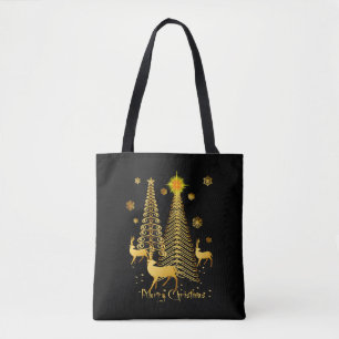 Bolsa Tote Douradas Árvores de Natal e Reindeer