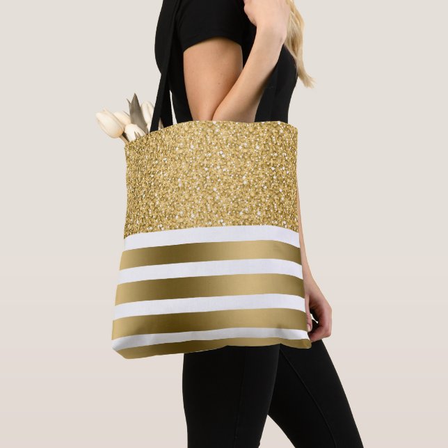 Bolsa Tote Douradas faixas e brilho (Close Up)