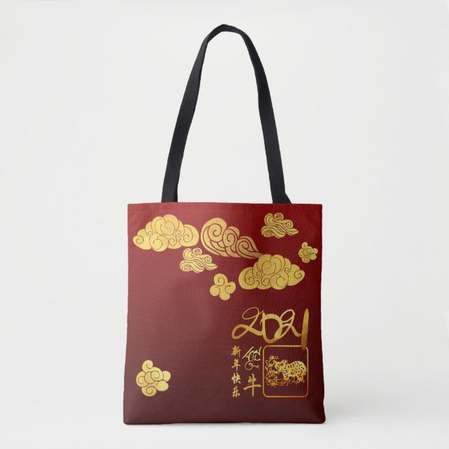 Bolsa Tote Douradas nuvens Chinesas cortadas em papel Ano Nov (Frente)
