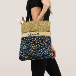 Bolsa Tote Dourado brilho do leopardo azul moderno personaliz