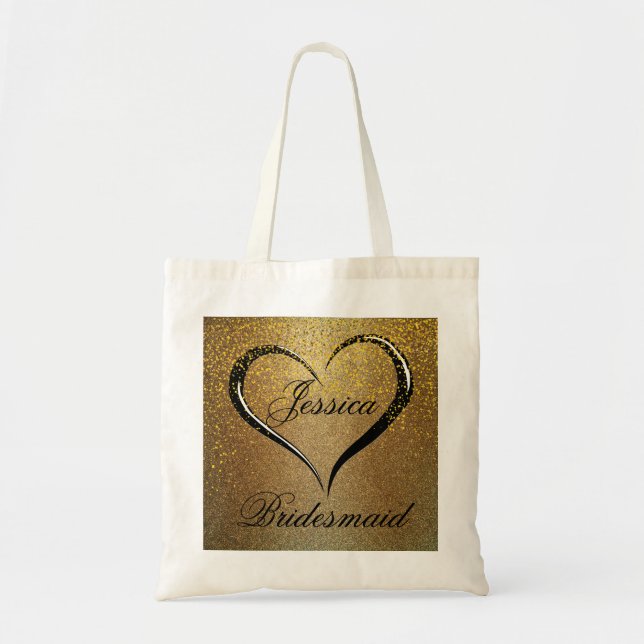 Bolsa Tote Dourado Casamento Cardíaco de Confetti Negro Bem-v (Frente)