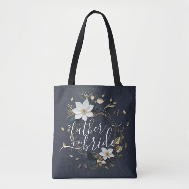 Bolsa Tote Dourado Casamento Floral Wreath Pai da Noiva (Frente)