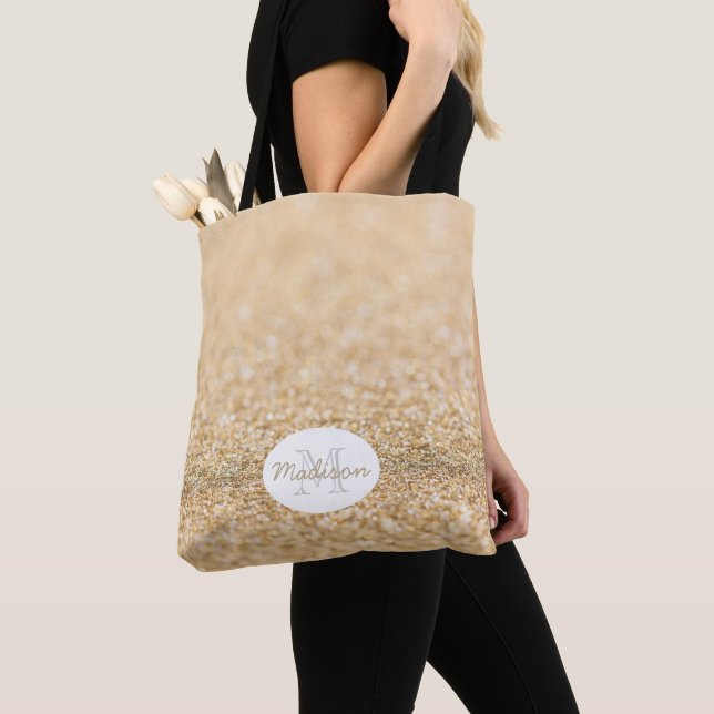 Bolsa Tote Dourado champanhe falso brilho faísca Monograma (Close Up)