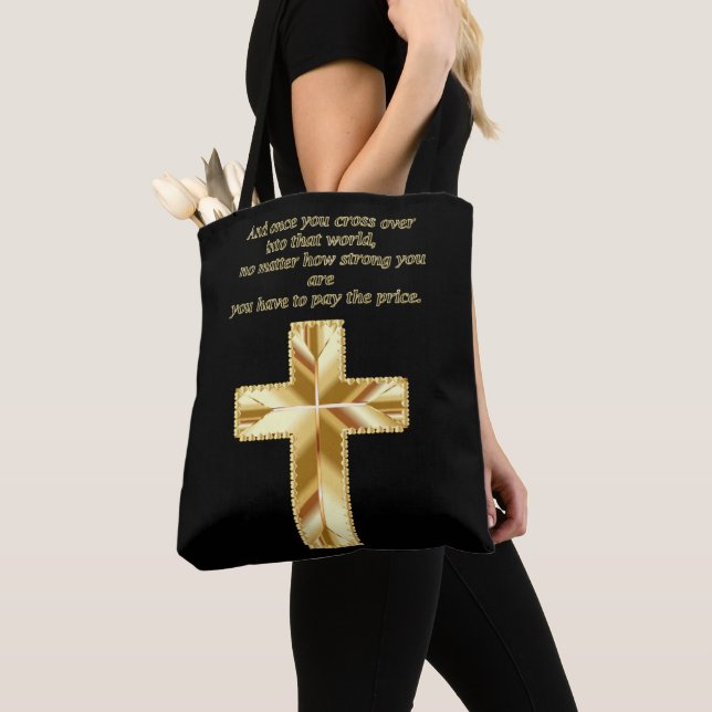 Bolsa Tote Dourado Christian Crucifix Cross com palavras engr (Close Up)