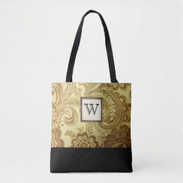 Bolsa Tote Dourado Damasco com Monograma Preto