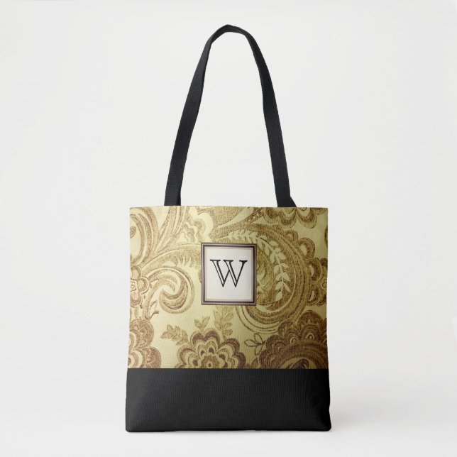 Bolsa Tote Dourado Damasco com Monograma Preto (Frente)
