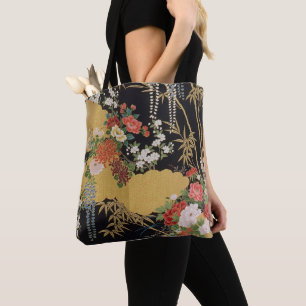 Bolsa Tote Dourado e negro Oriental Kimono Floral