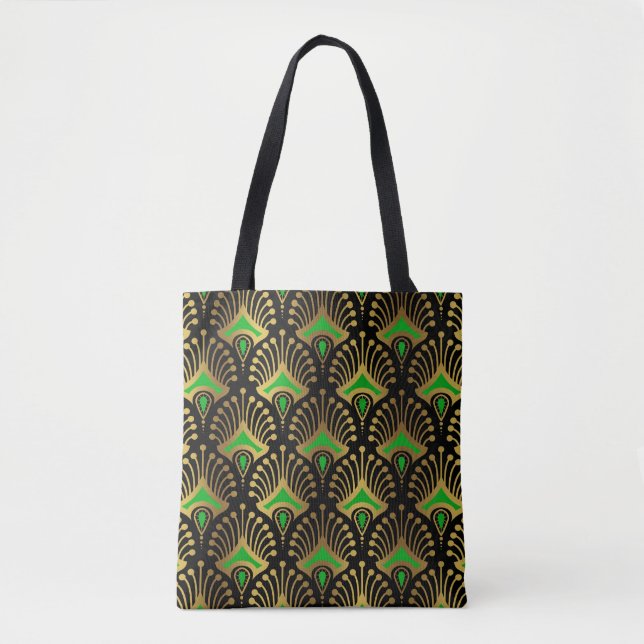Bolsa Tote Dourado e verde Art Deco, de preto (Frente)