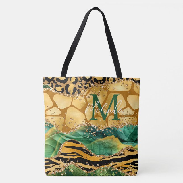 Bolsa Tote Dourado e Verde Safari Animal Print Agate (Frente)
