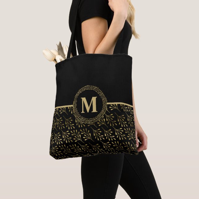 Bolsa Tote Dourado Elegante #Monograma e Ouro Padrão Folha Pr (Close Up)