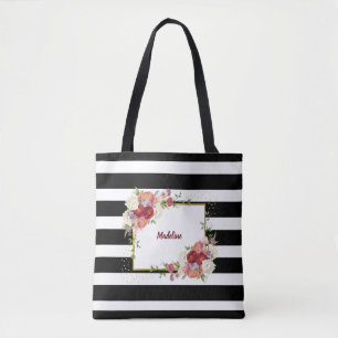 Bolsa Tote Dourado Floral Preto-Branco Estimulado Personali