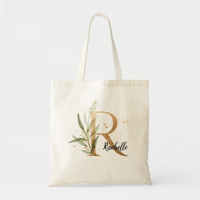 Bolsa Tote Dourado Folheto Verde Elegante Monograma "R" (Frente)