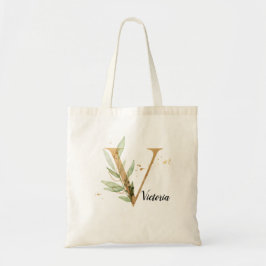 Bolsa Tote Dourado Folheto Verde Elegante Monograma "V"