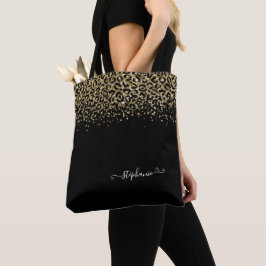 Bolsa Tote Dourado Leopardo Luminoso Monograma Preto