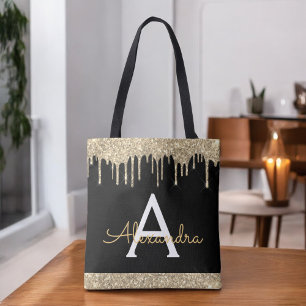 Bolsa Tote Dourado Preto Brilho Brilhar Monograma Elegante