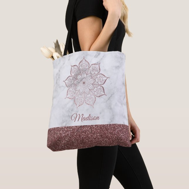 Bolsa Tote Dourado Rosa Glitter Falso Mandala em Mármore Cinz (Close Up)