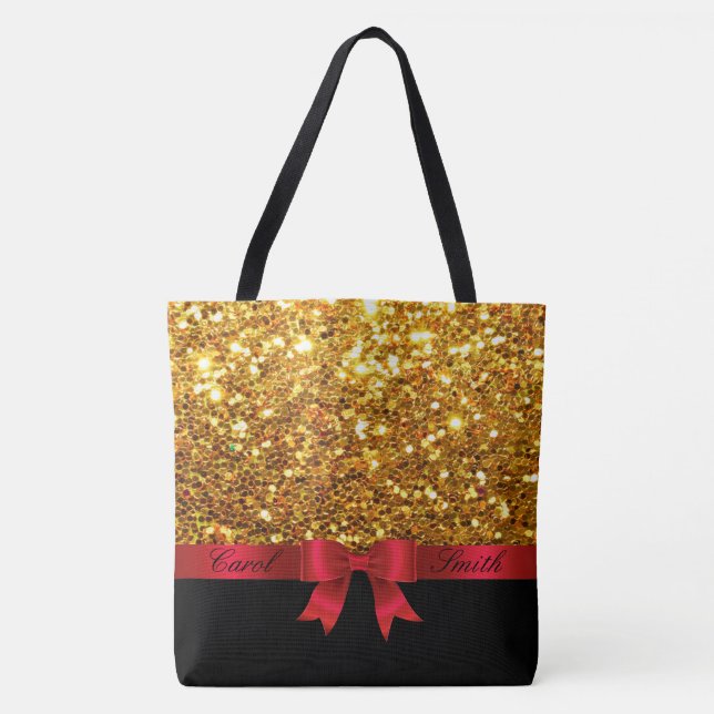 Bolsa Tote Dourado saco Glitter com nome personalizável (Frente)