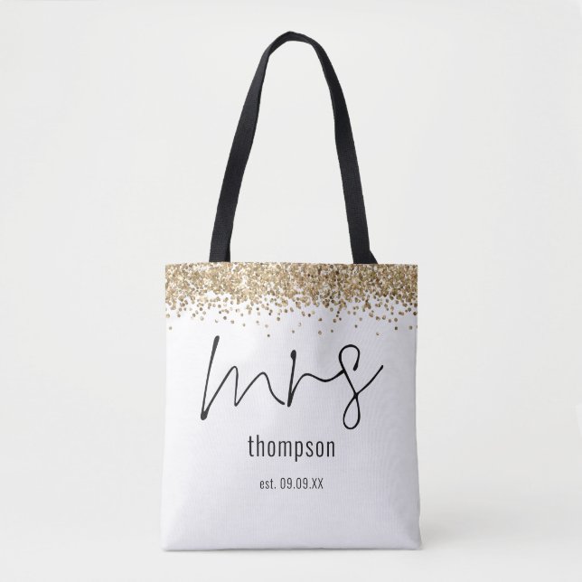 Bolsa Tote Dourado Script Glitter Nome Nome Data Bride (Frente)