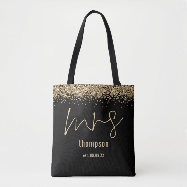 Bolsa Tote Dourado Script Glitter Nome Nome Nome Data Bride P (Frente)