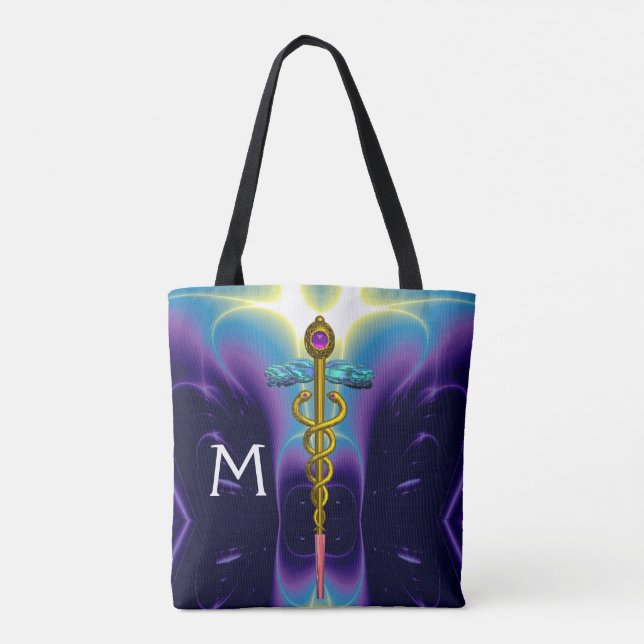 Bolsa Tote DOURADO SÍMBOLO MÉDICO CADUEUS, MONOGRAMA, Azul Ro (Verso)