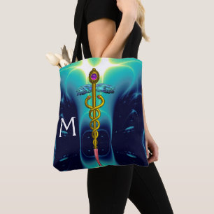 Bolsa Tote DOURADO SÍMBOLO MÉDICO DO CADUEUE MONOGRAMA, Azul 