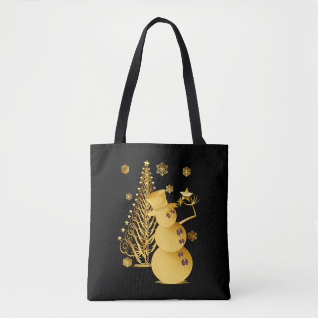 Bolsa Tote Dourado Snowman e Star Tree de Natal (Frente)